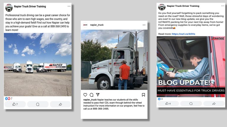 Series of social media posts for a digital marketing agency's truck driver training school in IN and OH