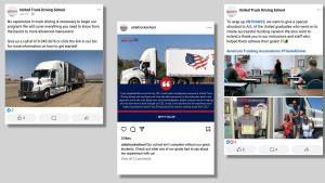 Compilation of social media posts for a digital marketing agency's trucking school client in CA.