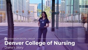 Image of Diana, Denver College of Nursing student, wearing scrubs and posing with hands in pockets with text reading "Denver College of Nursing: Diana's Story"