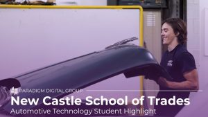 Image of New Castle School of Trades student opening hood of car with text reading "New Castle School of Trades: Automotive Technology Student Highlight"