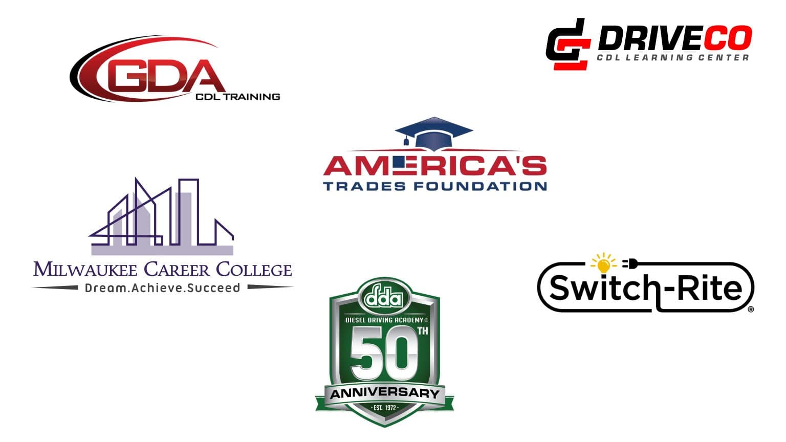 Six PDG client logos, including Georgia Driving Academy, Milwaukee Career College, DriveCo, America Trades Foundation, DDA, Switch-Rite