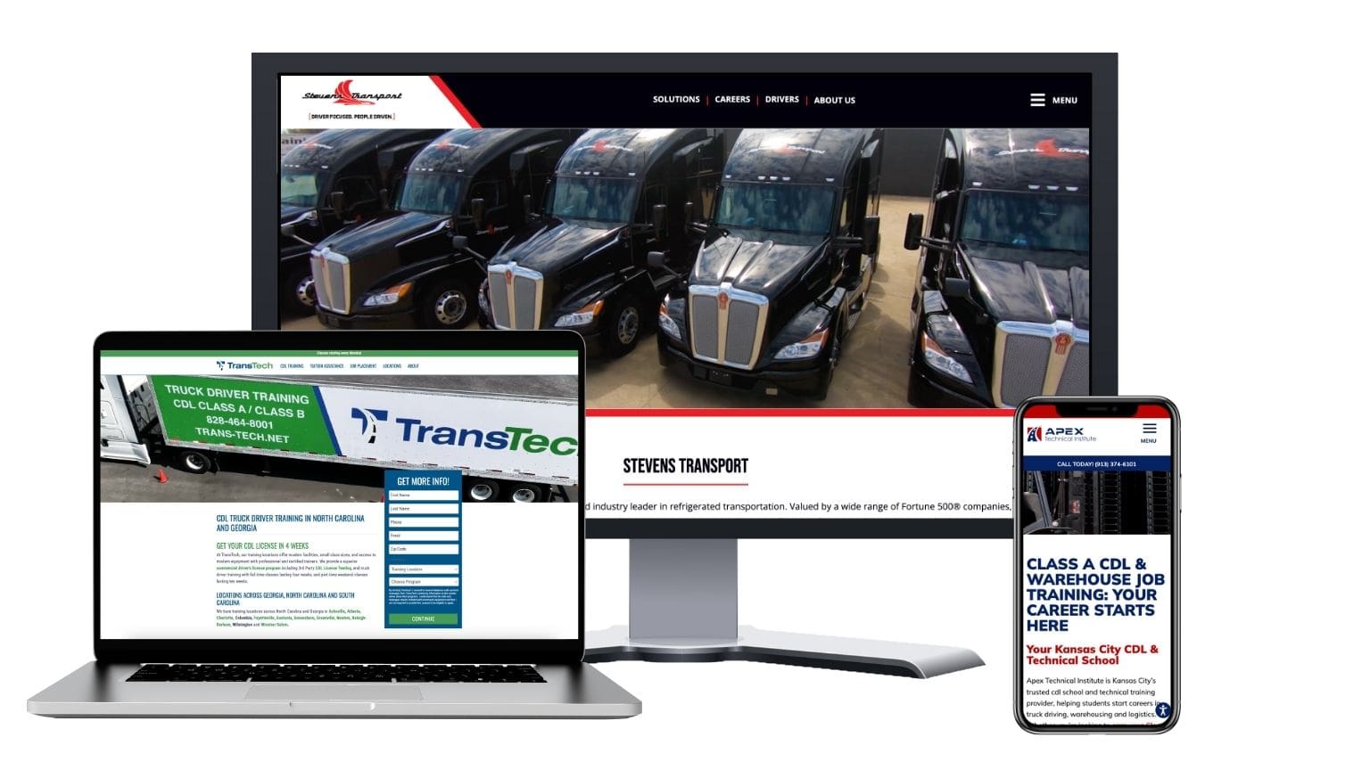 Client websites displayed on monitor, laptop, and cell phone